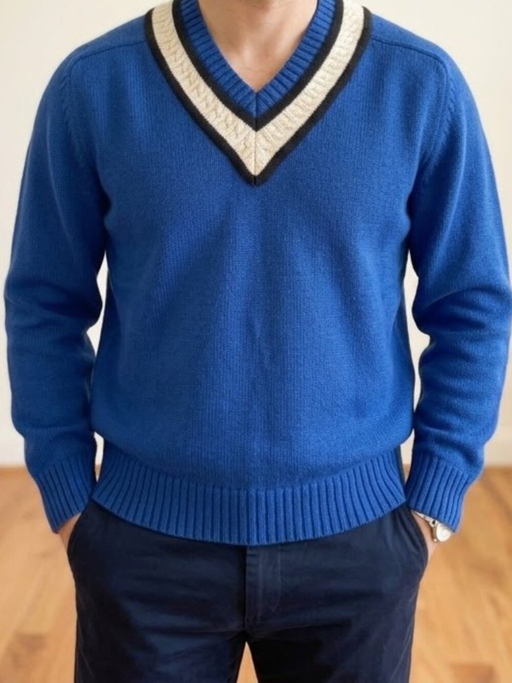 Claiborne 1990s Cricket Style Cotton Sweater Blue Cream Black Trim Size Mens Med